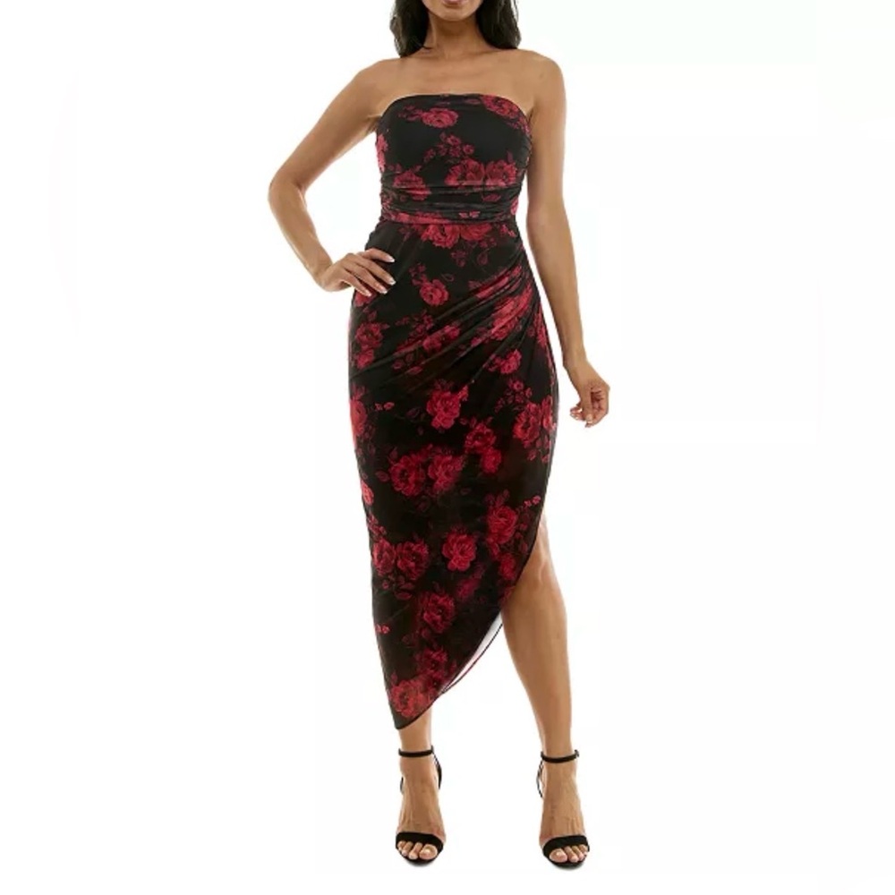 Emerald Sundae / Floral-Print Midi Dress / black red